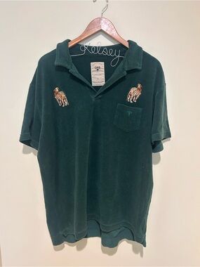 OAS Deep Green Terry Polo with Embroidered Tiger Accents 100% Cotton Size XL